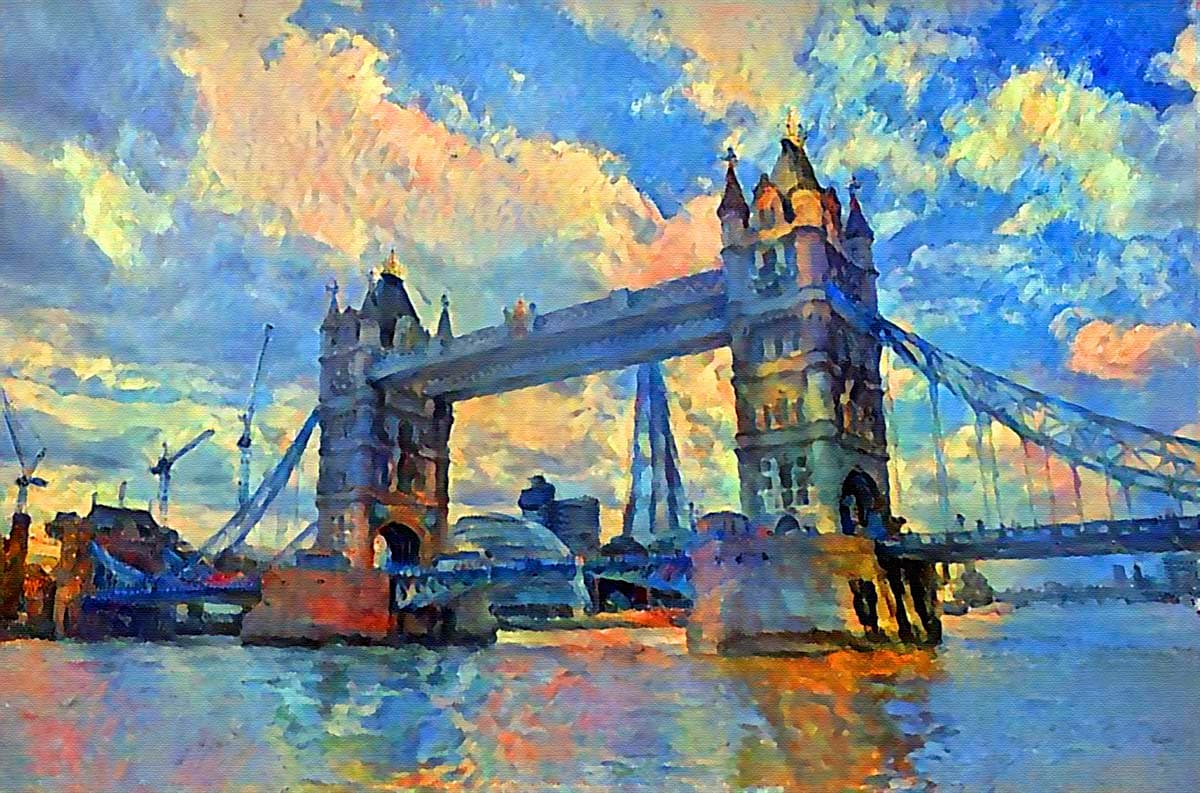 Grand tower bridge over river with city skyline wallpaper pattern detail