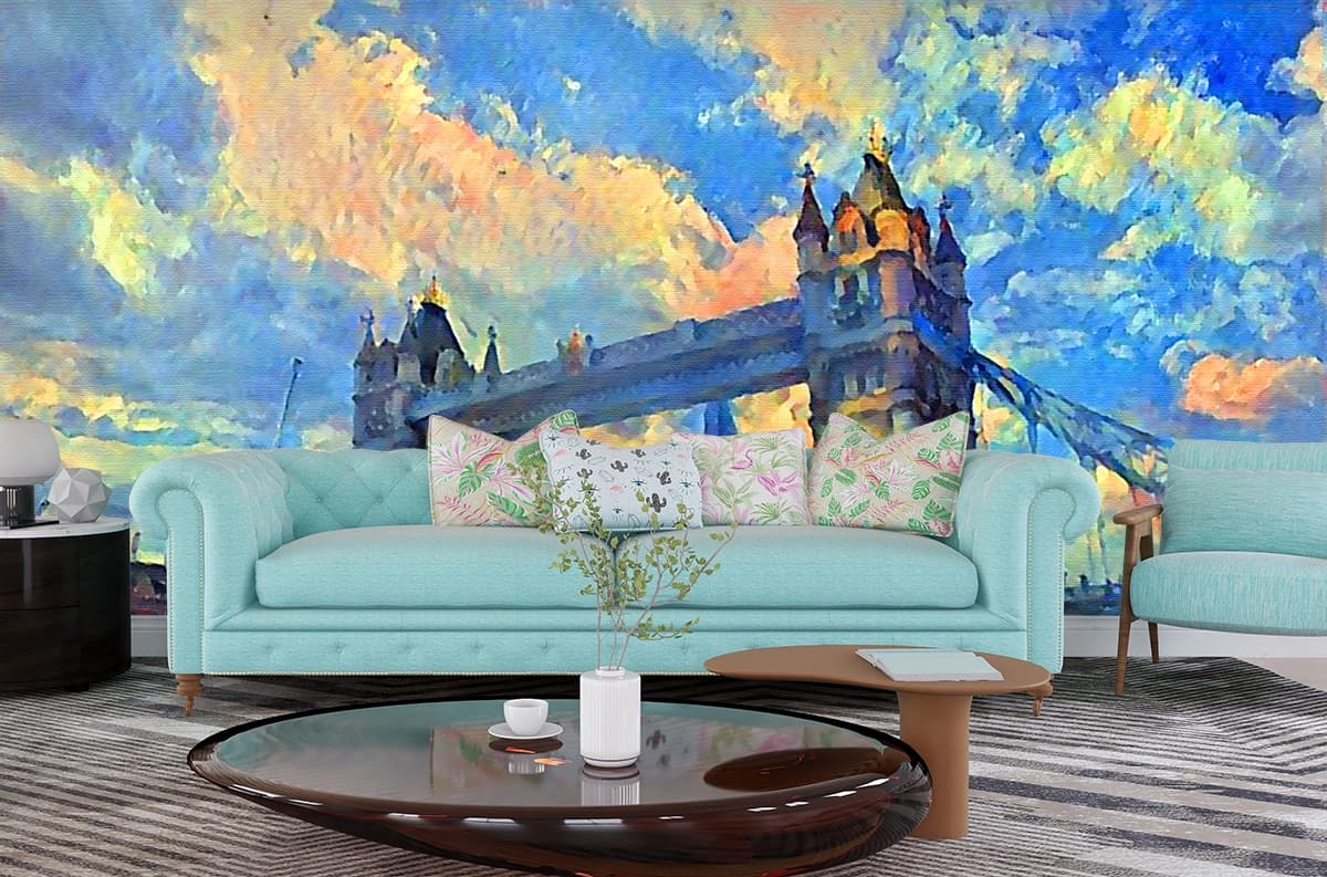 Grand tower bridge over river with city skyline wallpaper shown in a room