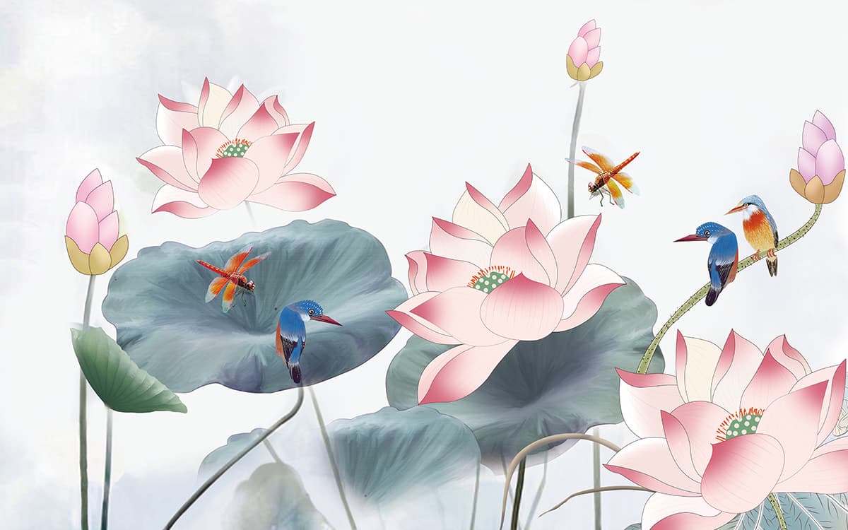 Elegant Pink Lotus and Green Leaf Mural Wallpaper pattern detail