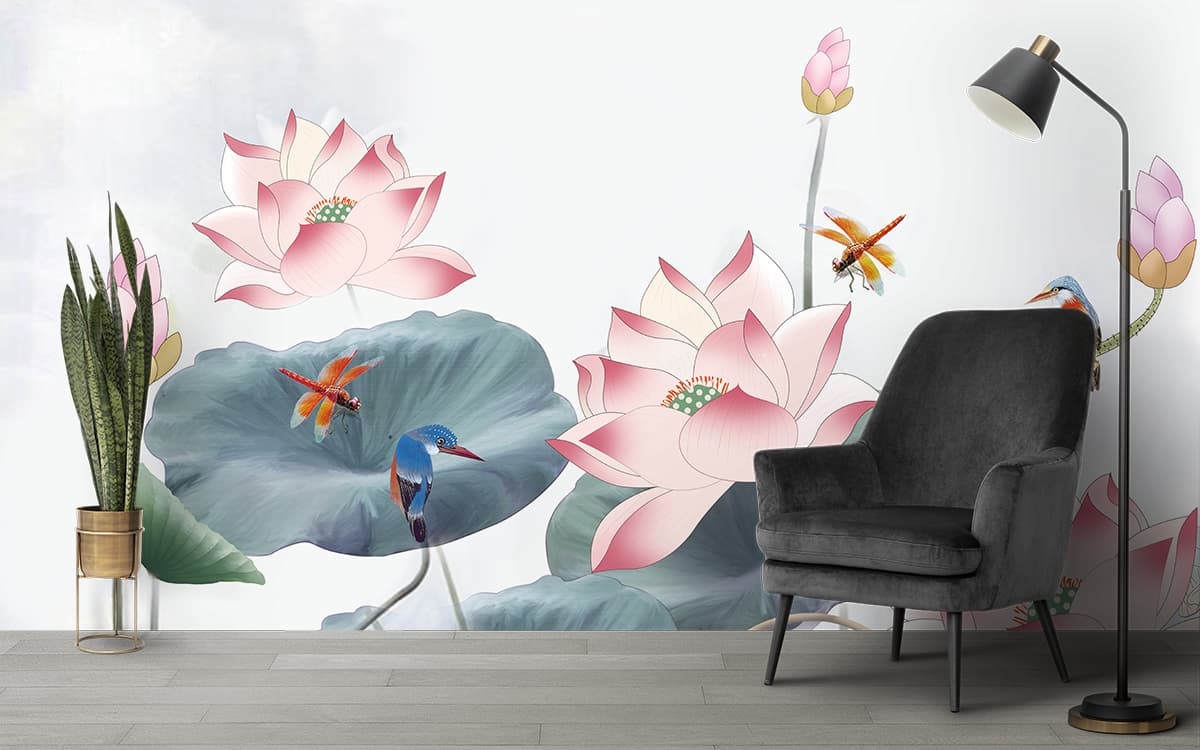 Elegant Pink Lotus and Green Leaf Mural Wallpaper shown in a room