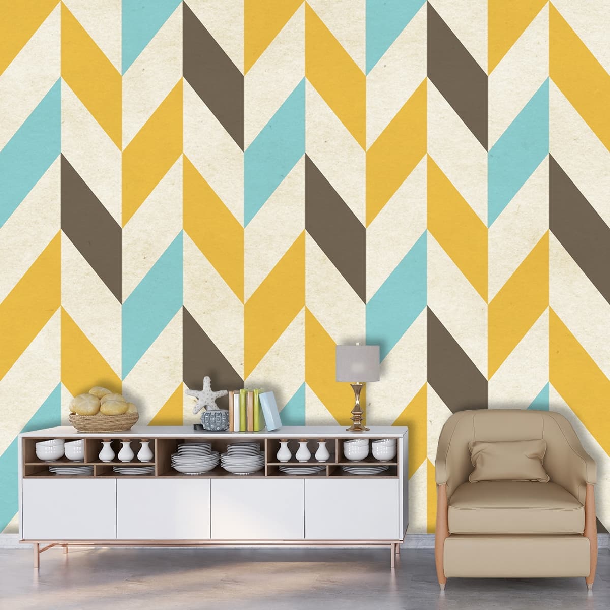 Luxury Blue Yellow and Brown Chevron Wallpaper shown in a room