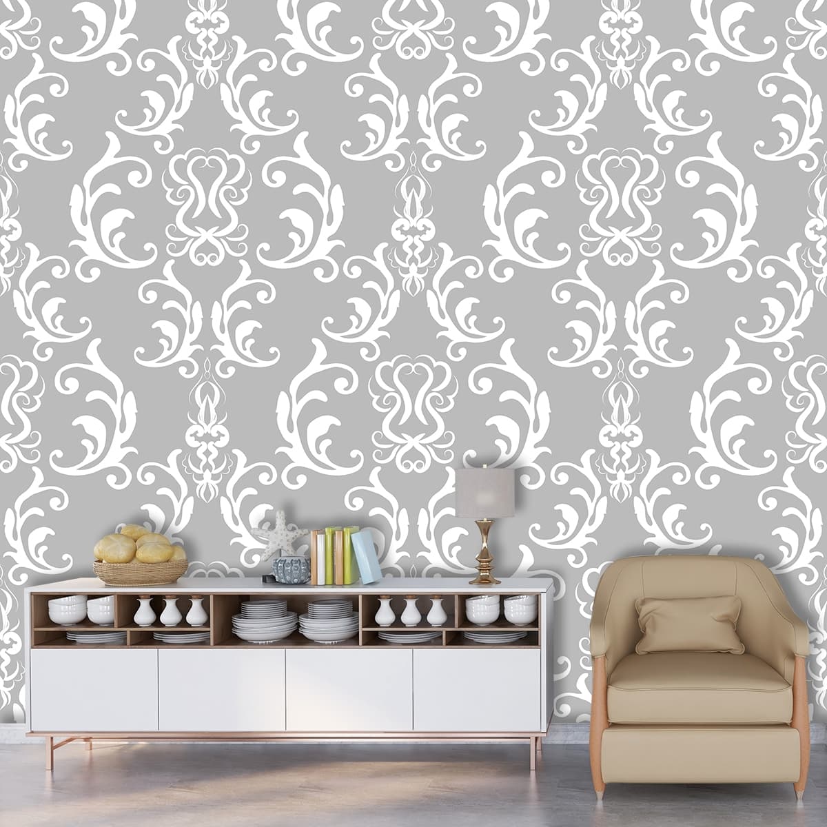 Minimal Grey and White Modern Texture Wallpaper shown in a room