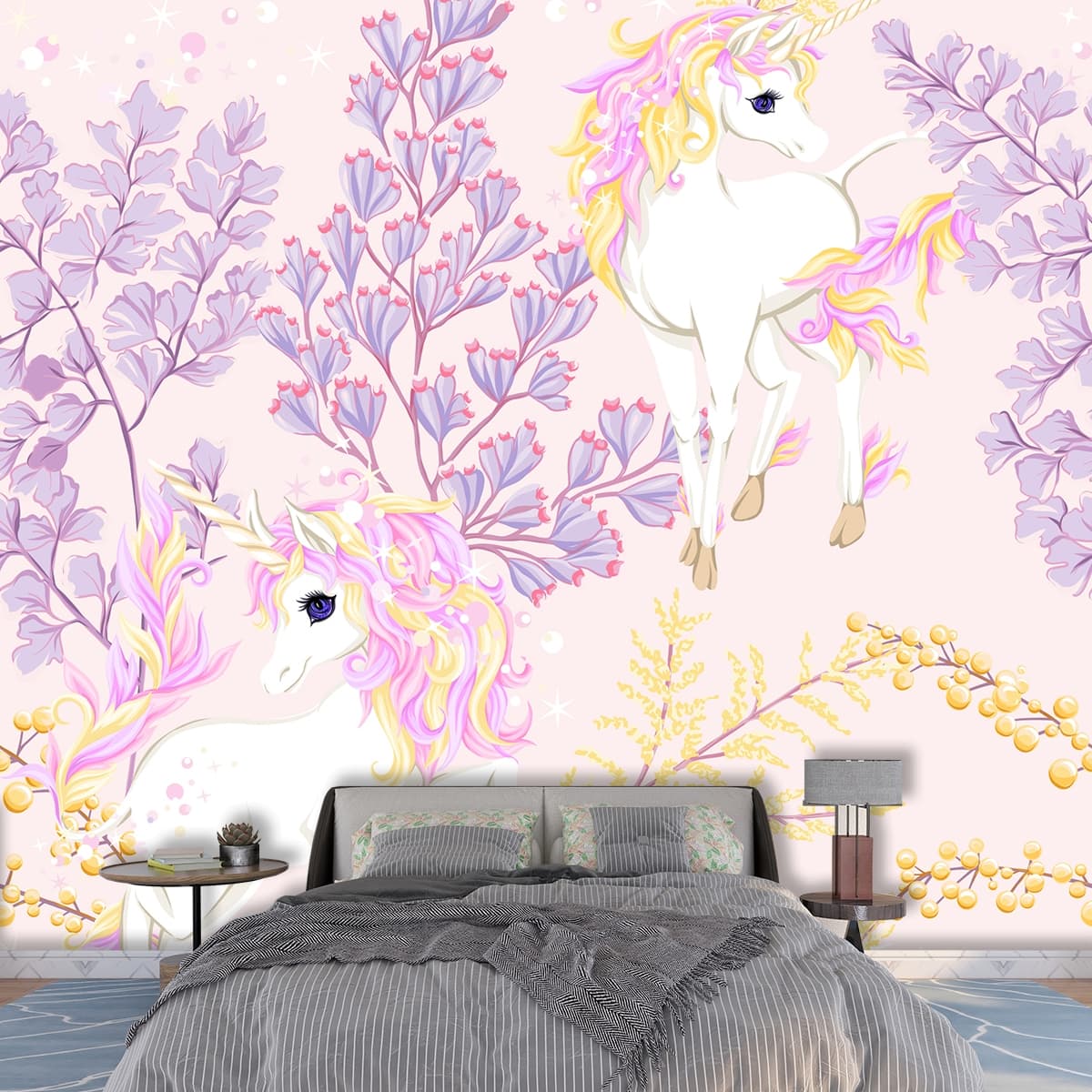 Beautiful Unicorns and Flowers Wallpaper shown in a room