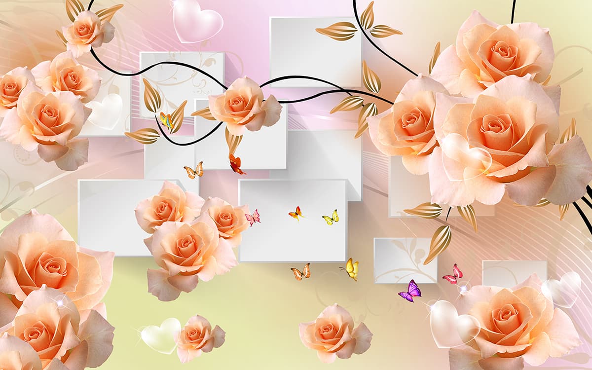 Beautiful 3D Wallpaper With Roses and Butterflies for Wall pattern detail
