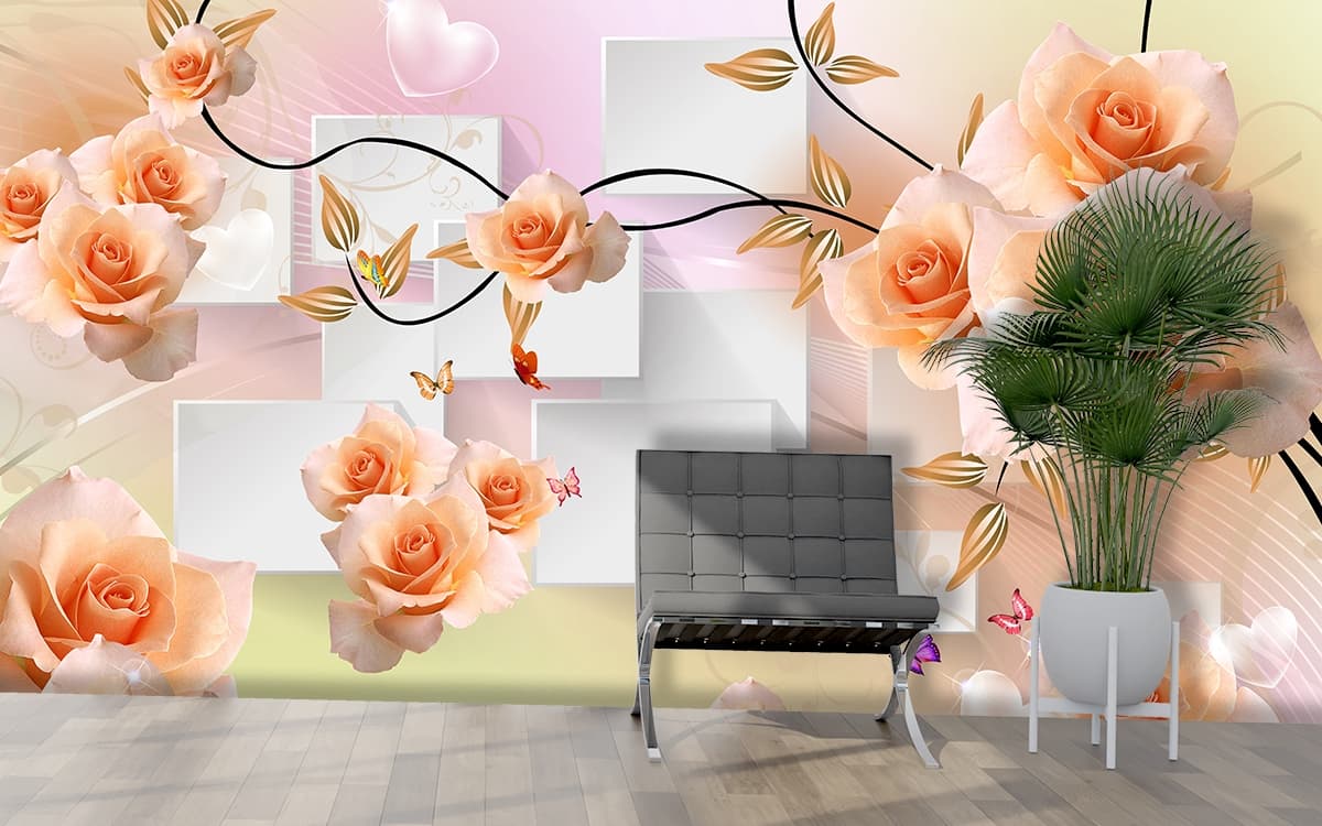Beautiful 3D Wallpaper With Roses and Butterflies for Wall shown in a room