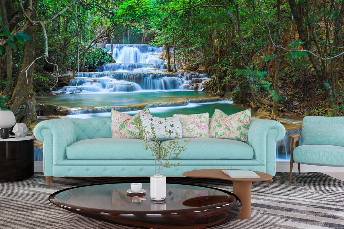 Refreshing Green Forest Waterfall Wall Decor Wallpaper shown in a room
