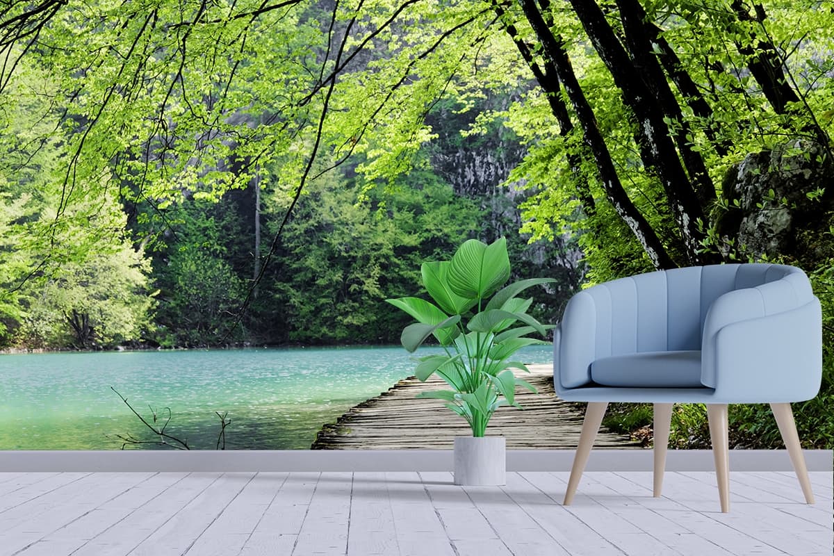 Wooden Path Leading to Water Nature View Wallpaper shown in a room