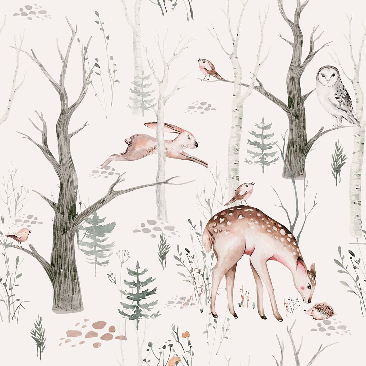 Woodland Animals Forest Pattern Kids Room Nature Theme Wallpaper pattern detail