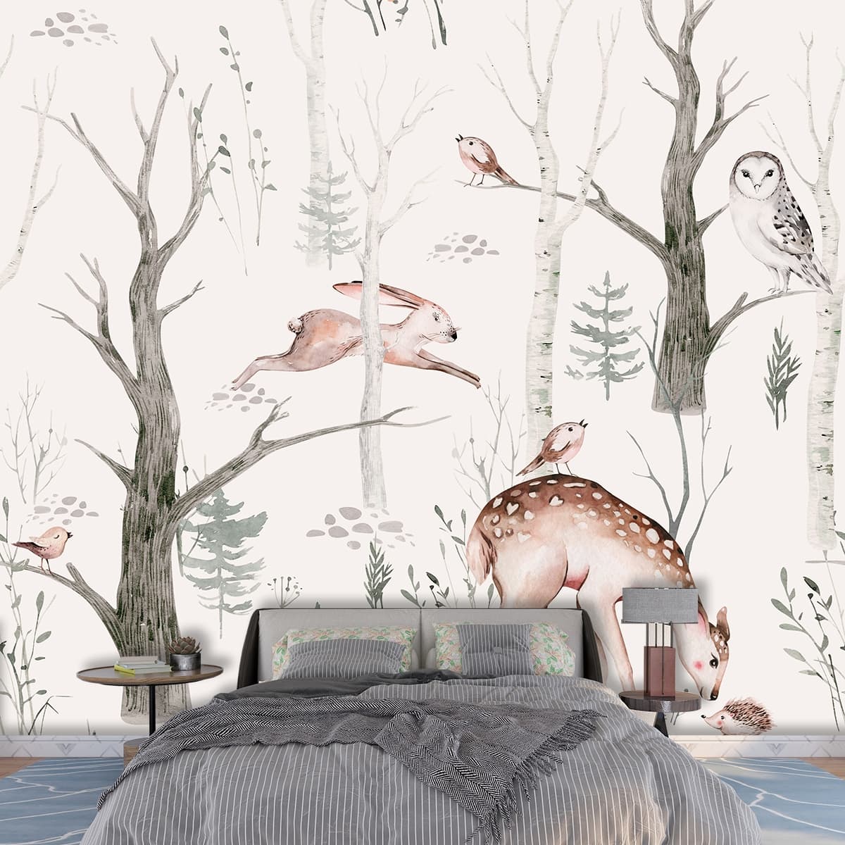 Woodland Animals Forest Pattern Kids Room Nature Theme Wallpaper shown in a room