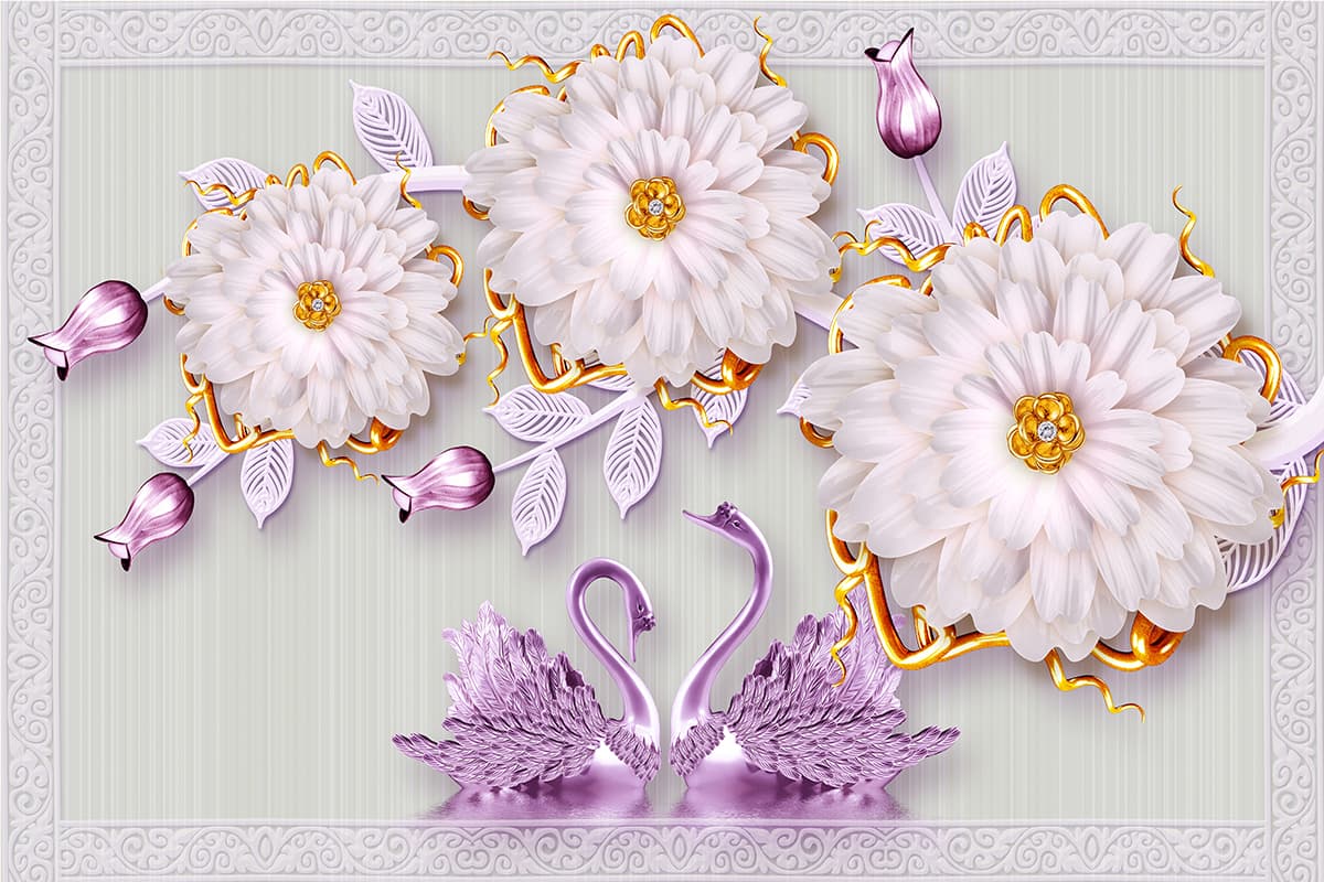 A wallpaper with flowers and swans pattern detail