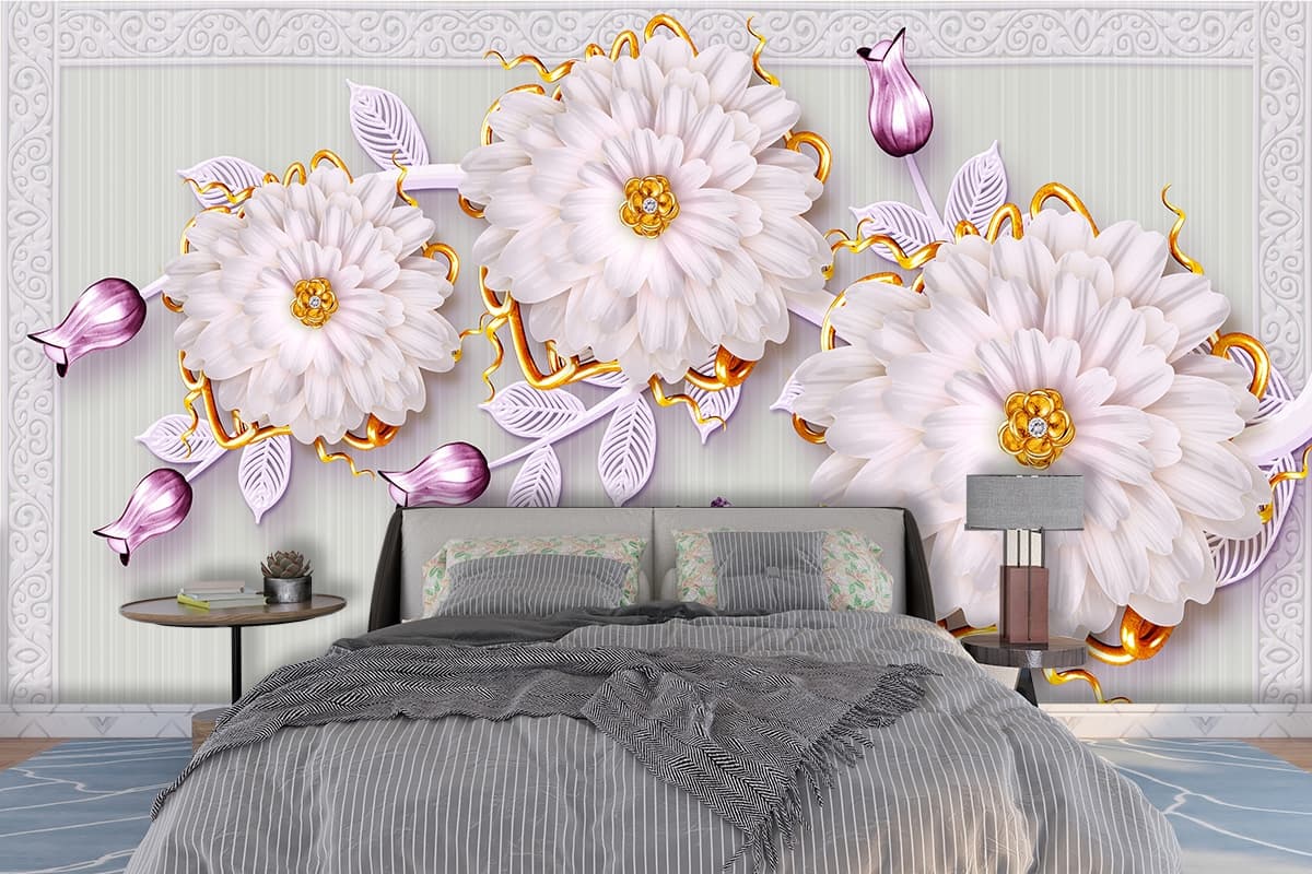 A wallpaper with flowers and swans shown in a room