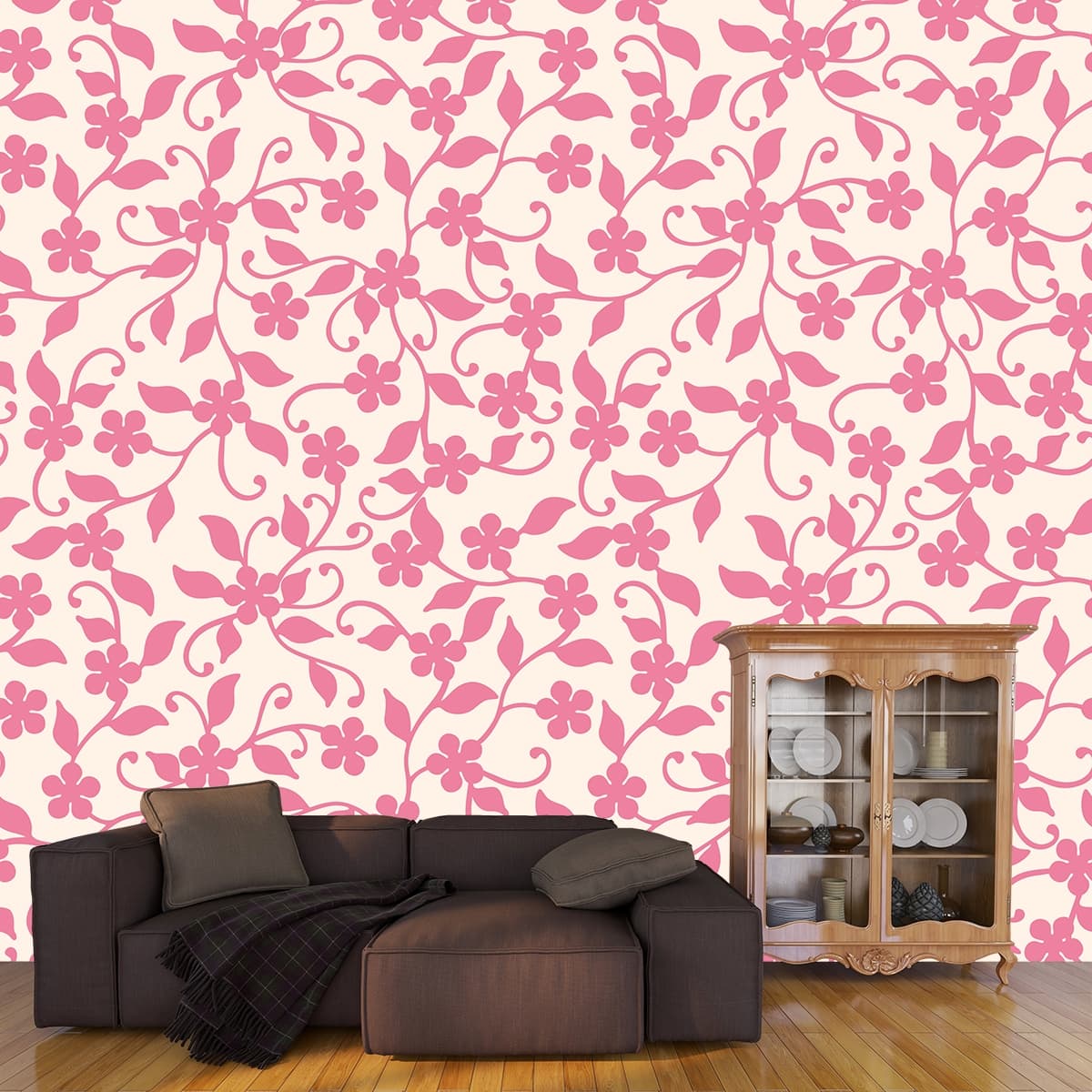 A Seamless Wallpaper of Pink Leaf and Creepers shown in a room