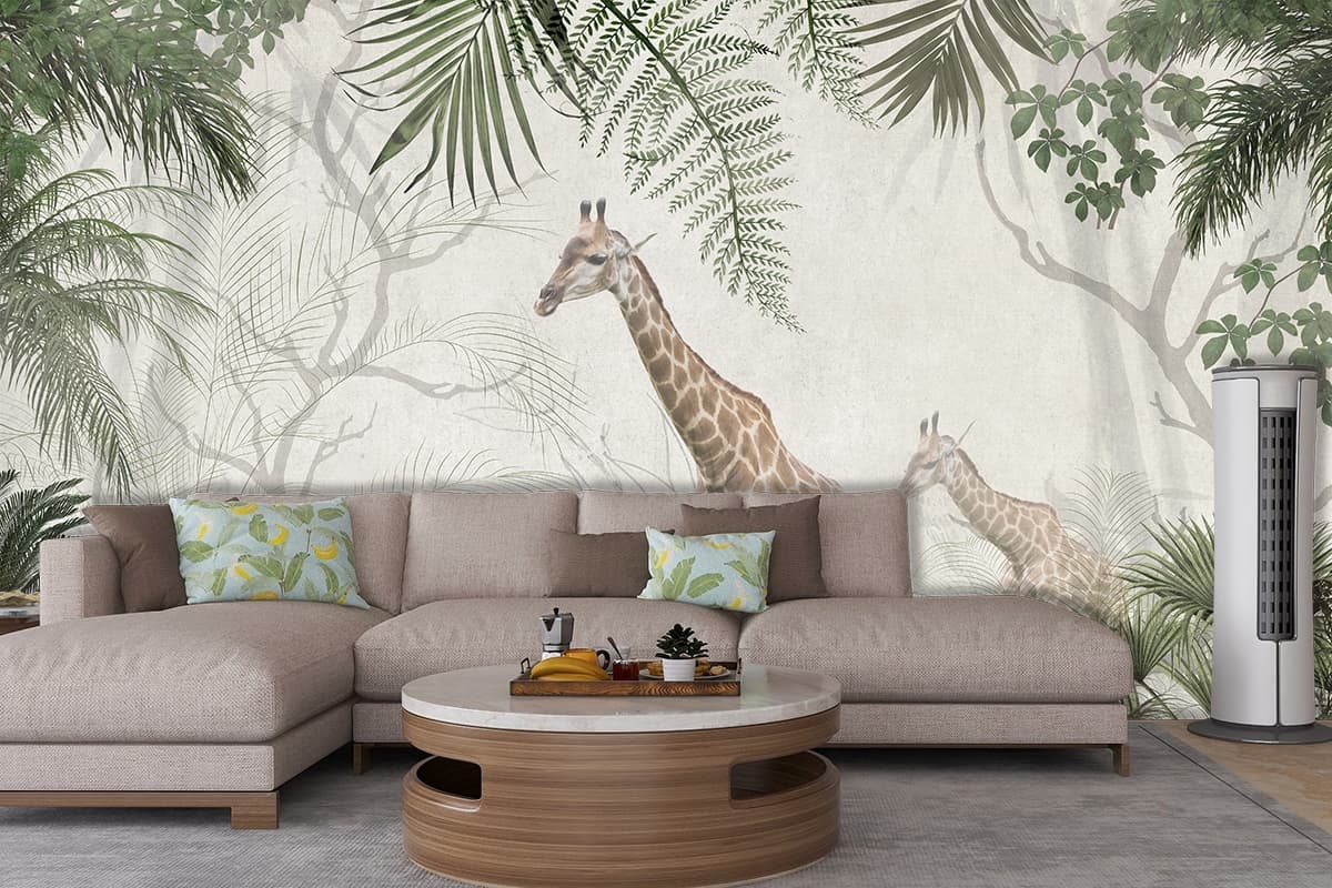 Beautiful Giraffes in Tropical Paradise wallpaper shown in a room