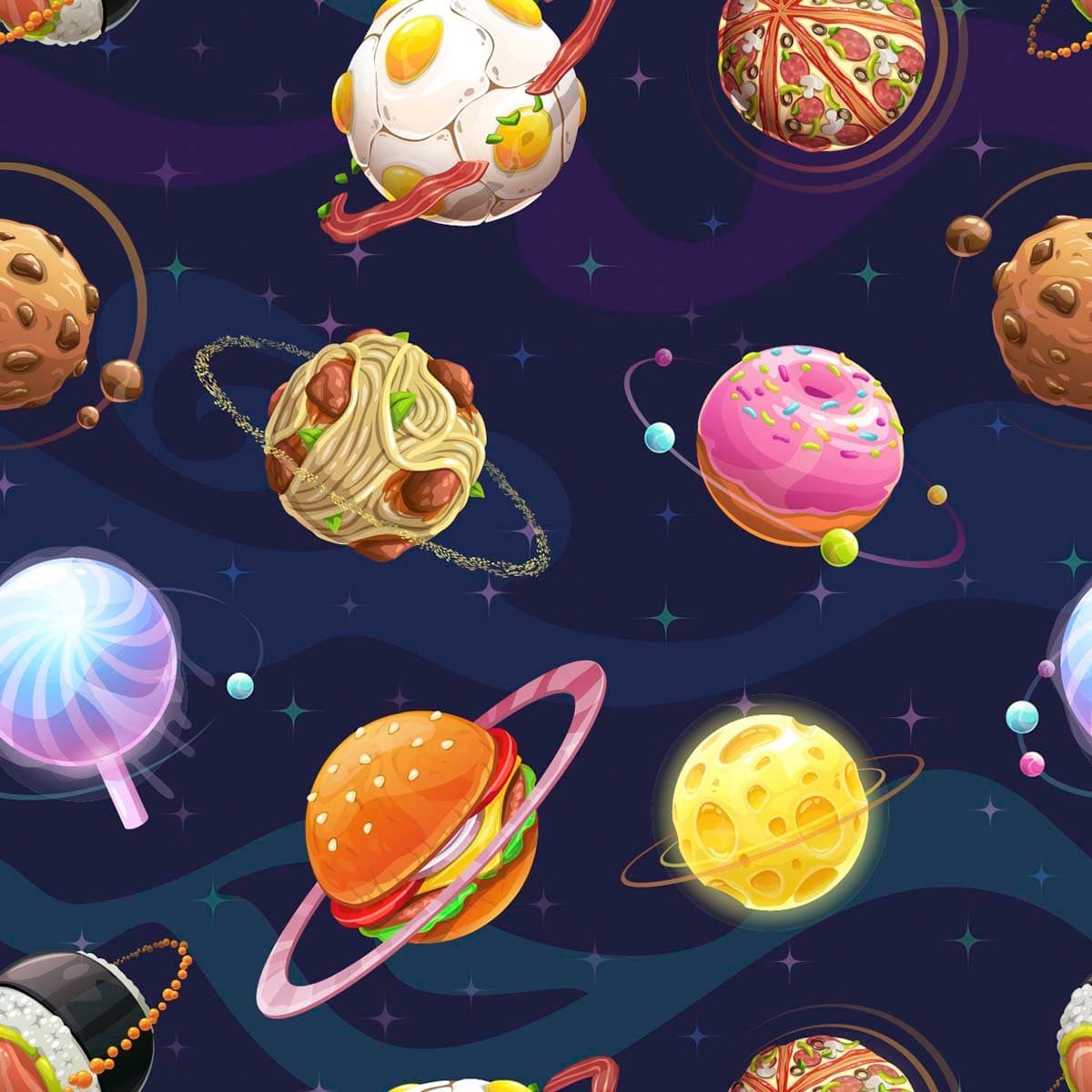 Cartoon Planets Seamless Kids Space Wall Mural Wallpaper pattern detail