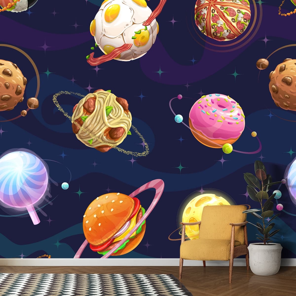 Cartoon Planets Seamless Kids Space Wall Mural Wallpaper shown in a room