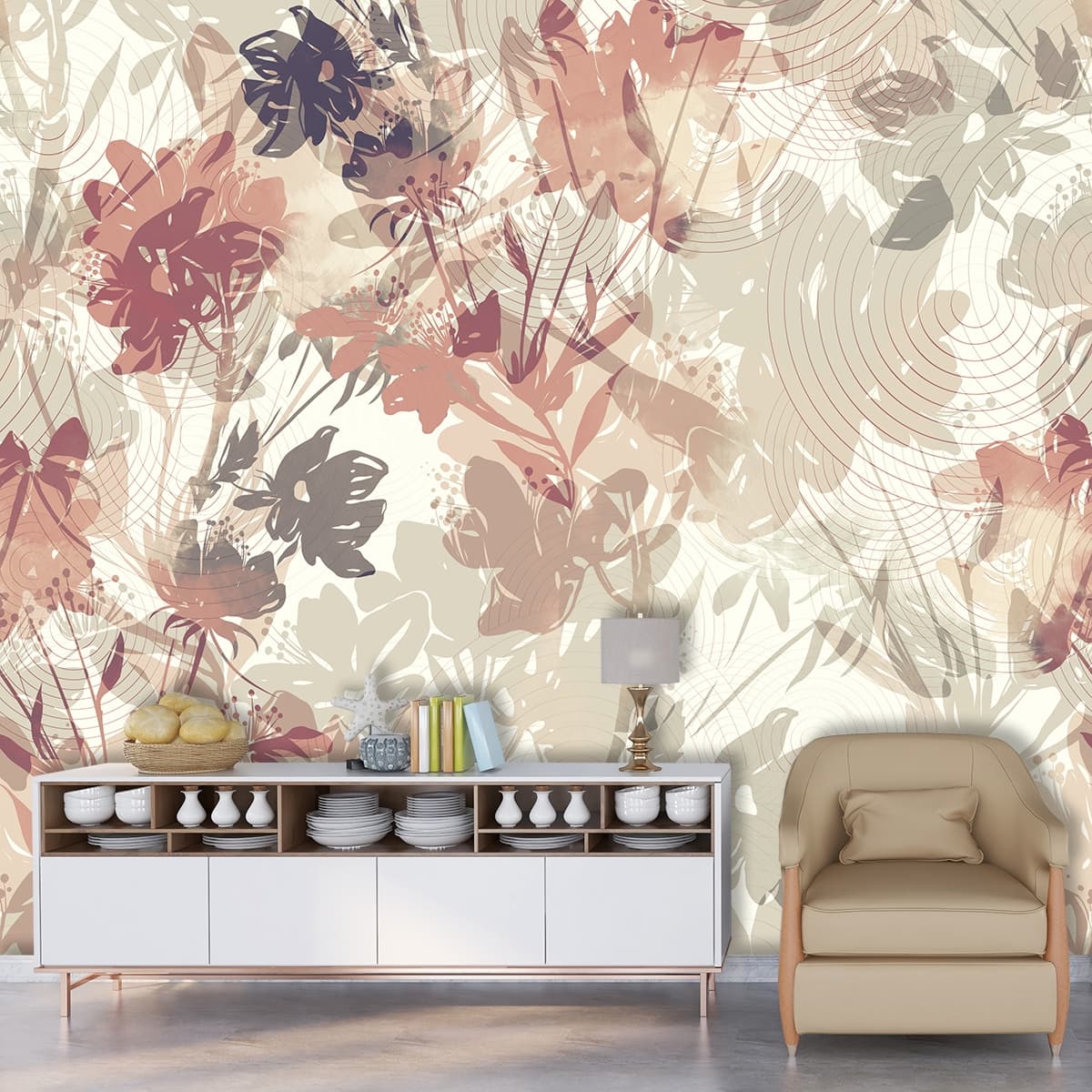 A pattern of flowers on a white background shown in a room