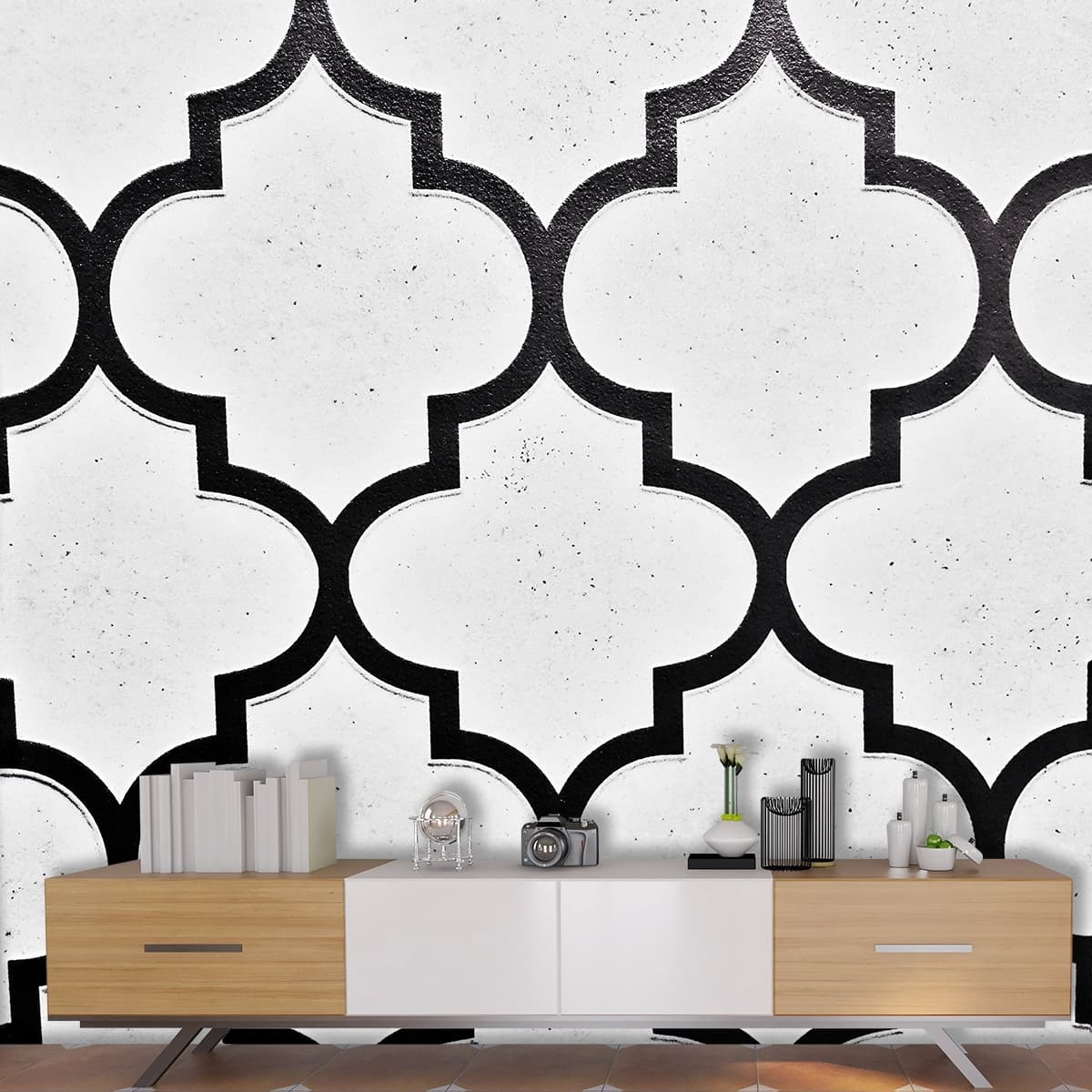 White Ceramic Tile with Black Geometric Pattern Wallpaper shown in a room