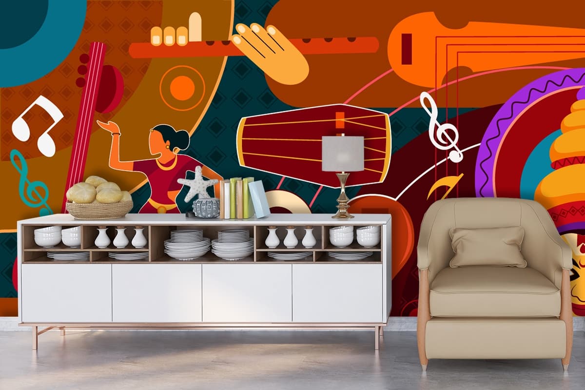 Aesthetic Woman Playing Drums Music wallpaper shown in a room
