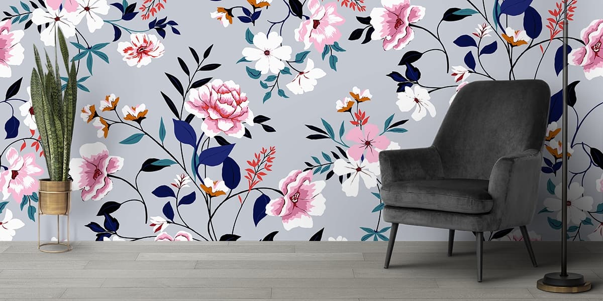 A Wallpaper of Flowers in White and Pink shown in a room