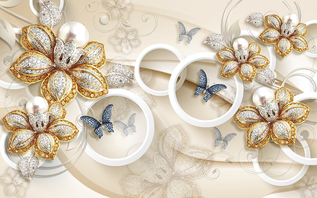 Premium 3D Circular Frames with Floral Butterfly Wallpaper pattern detail