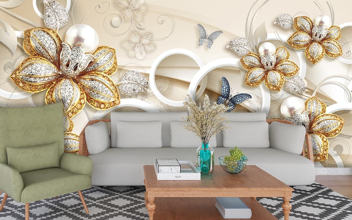 Premium 3D Circular Frames with Floral Butterfly Wallpaper shown in a room
