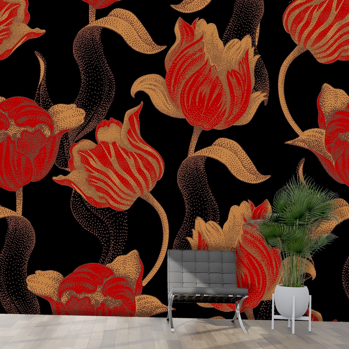 Beautiful Red Floral Pattern Wallpaper shown in a room