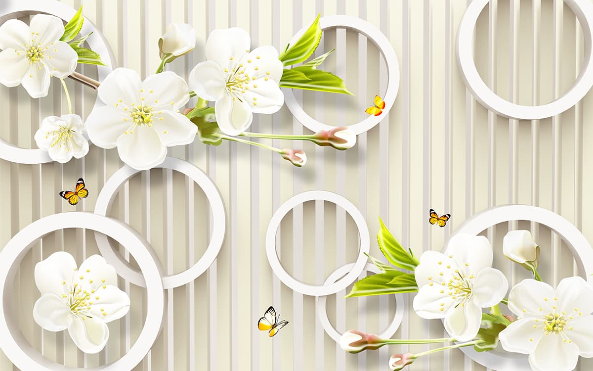 Modern 3D Rings and Soft White Blossom Wallpaper pattern detail