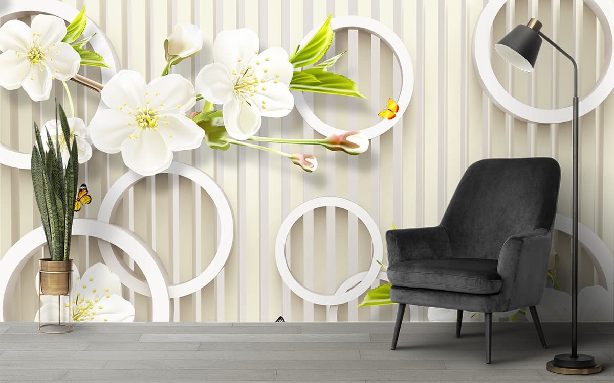 Modern 3D Rings and Soft White Blossom Wallpaper shown in a room