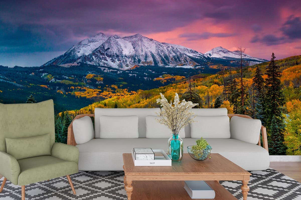Majestic Snow-Covered Mountains Landscape Wallpaper shown in a room