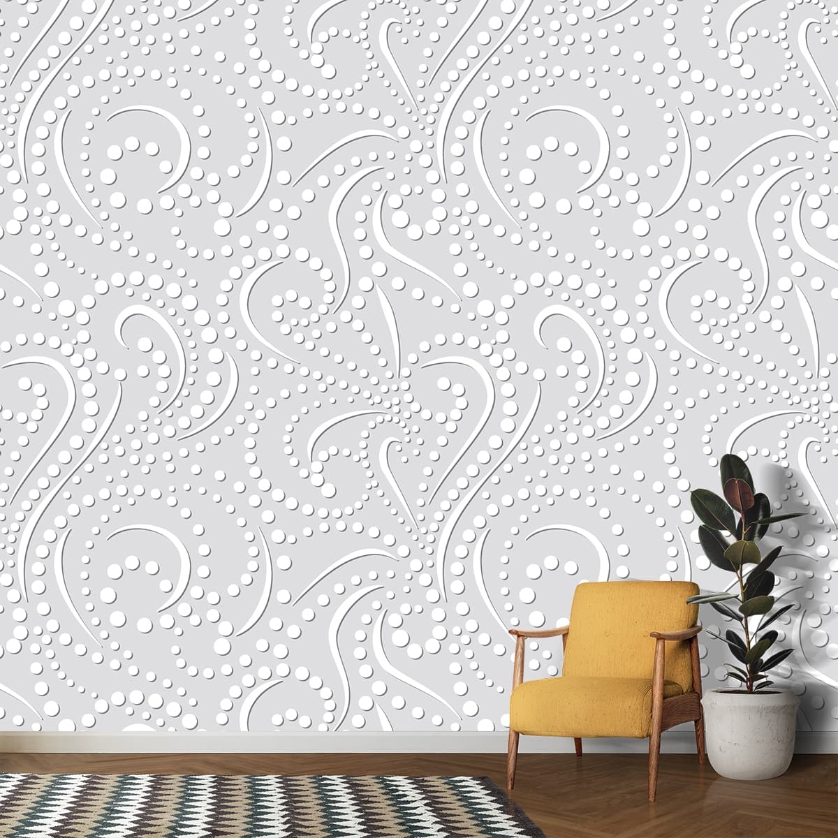 A white pattern with dots and swirls shown in a room