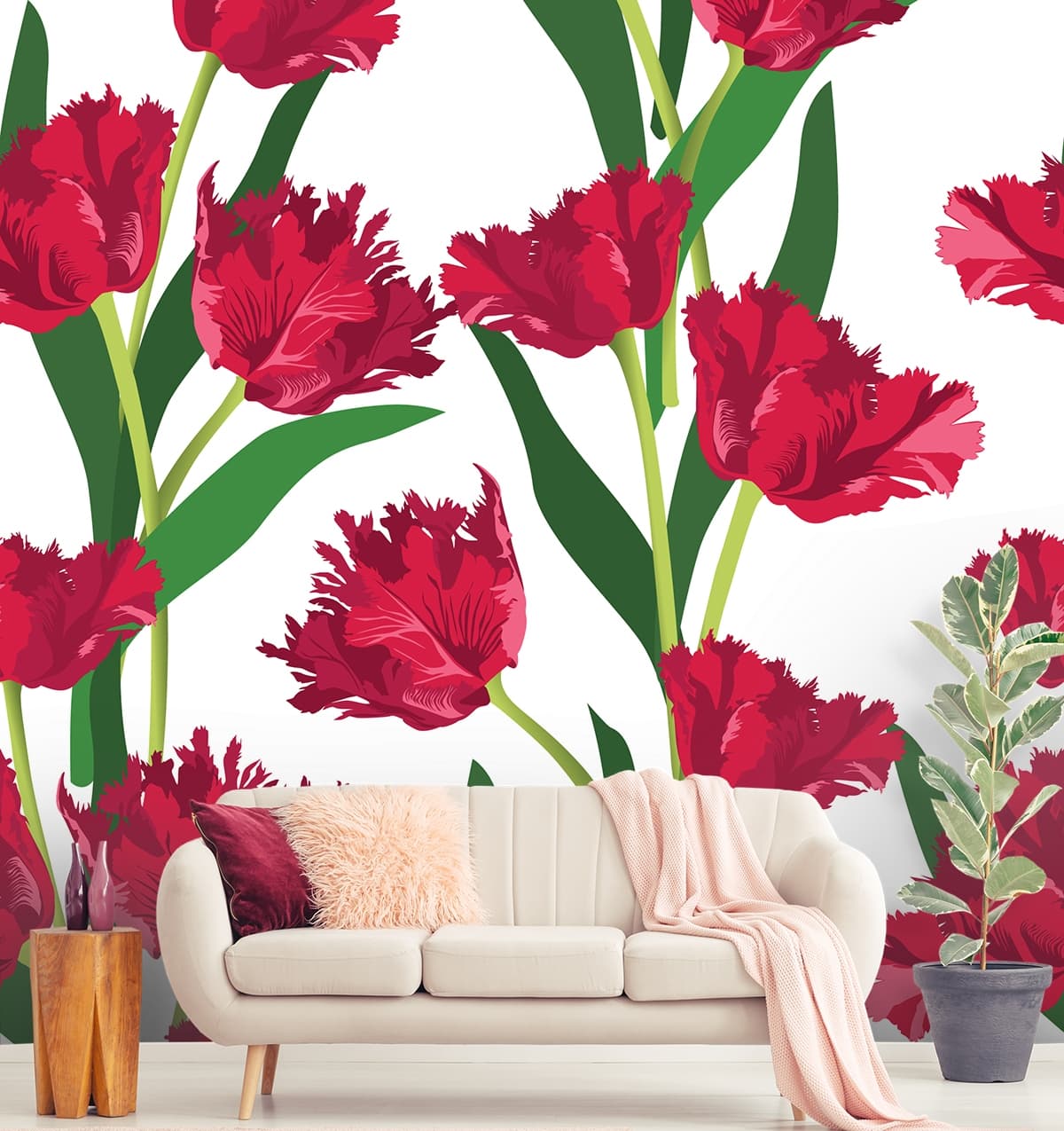 Enchanted Red Floral Pattern Mural Wallpaper shown in a room