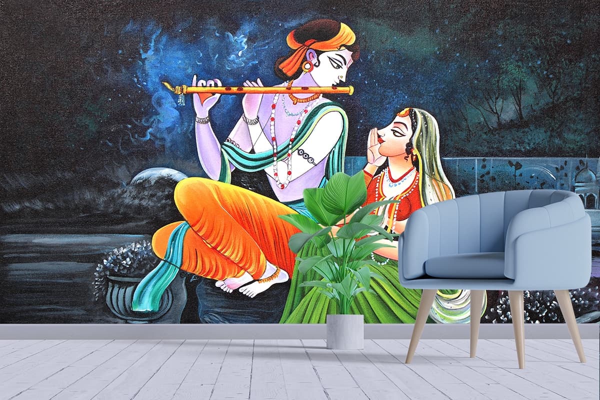 Radha Krishna Wall Mural for Living Room wallpaper shown in a room