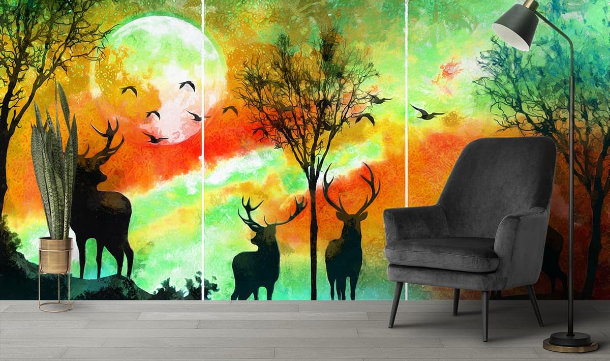 Luxury Deer Sunset Landscape Wall Mural Wallpaper shown in a room