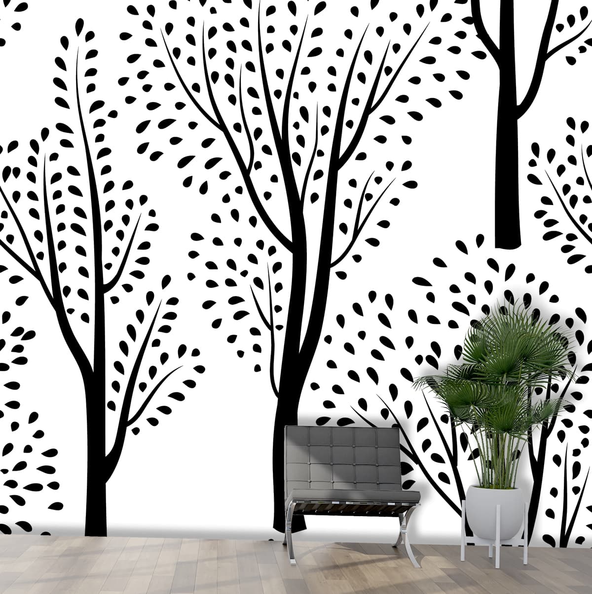 A Pattern of Black Trees Monochrome Nature Wallpaper shown in a room