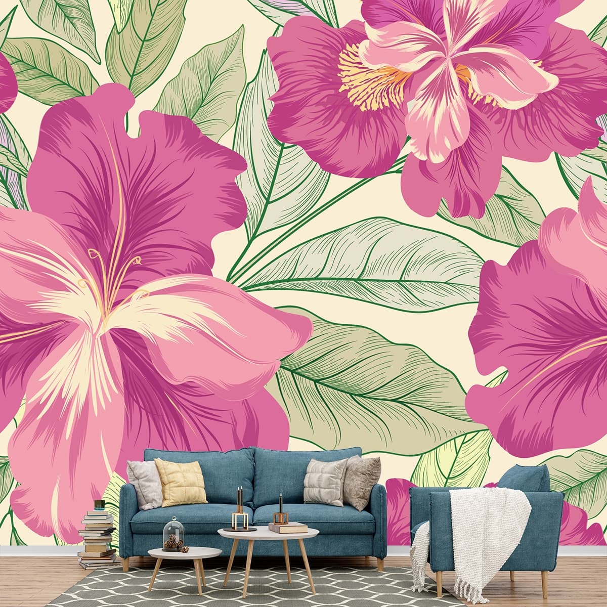 A Painting like Wallpaper of Hibiscus Flowers for Wall shown in a room