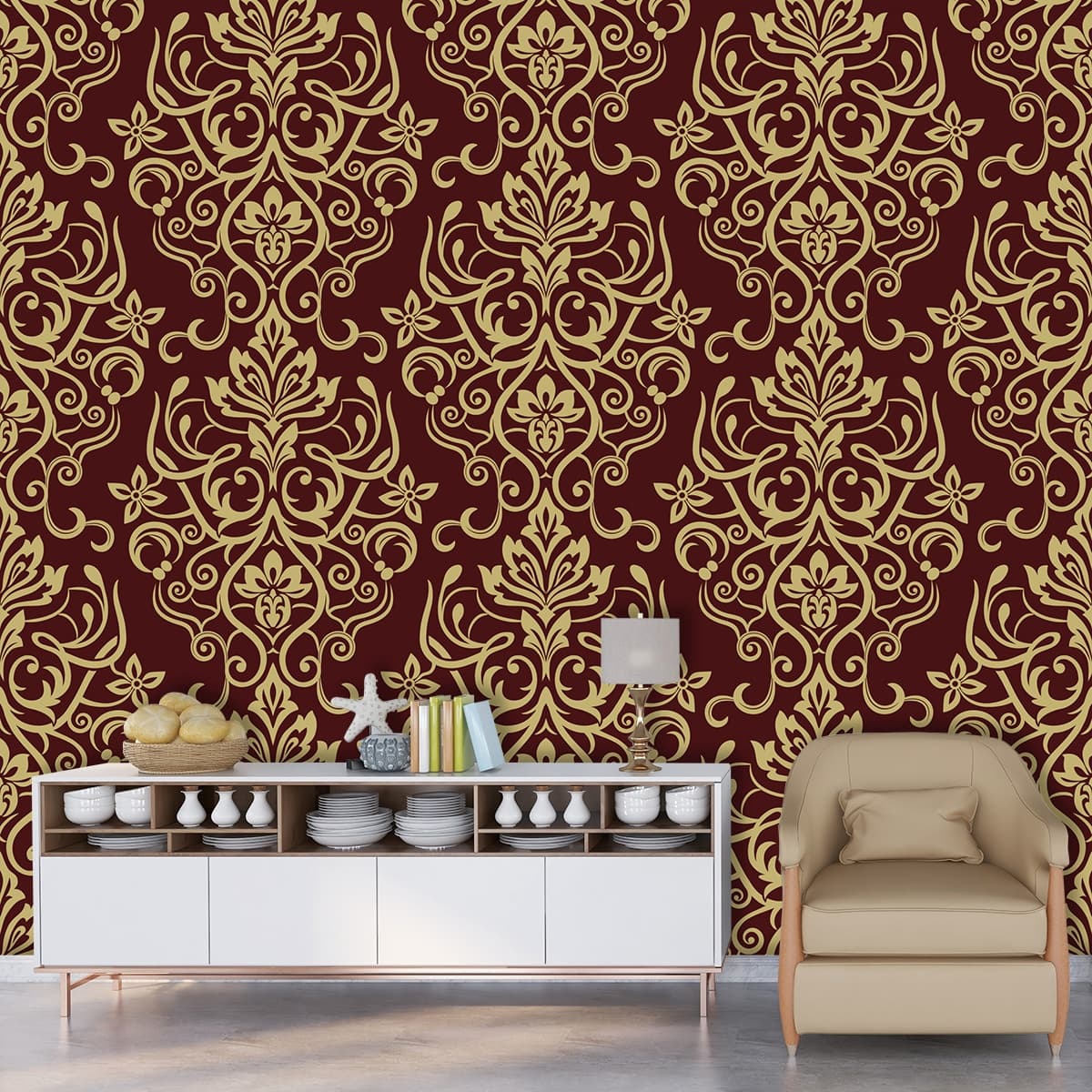 A pattern on a red background shown in a room