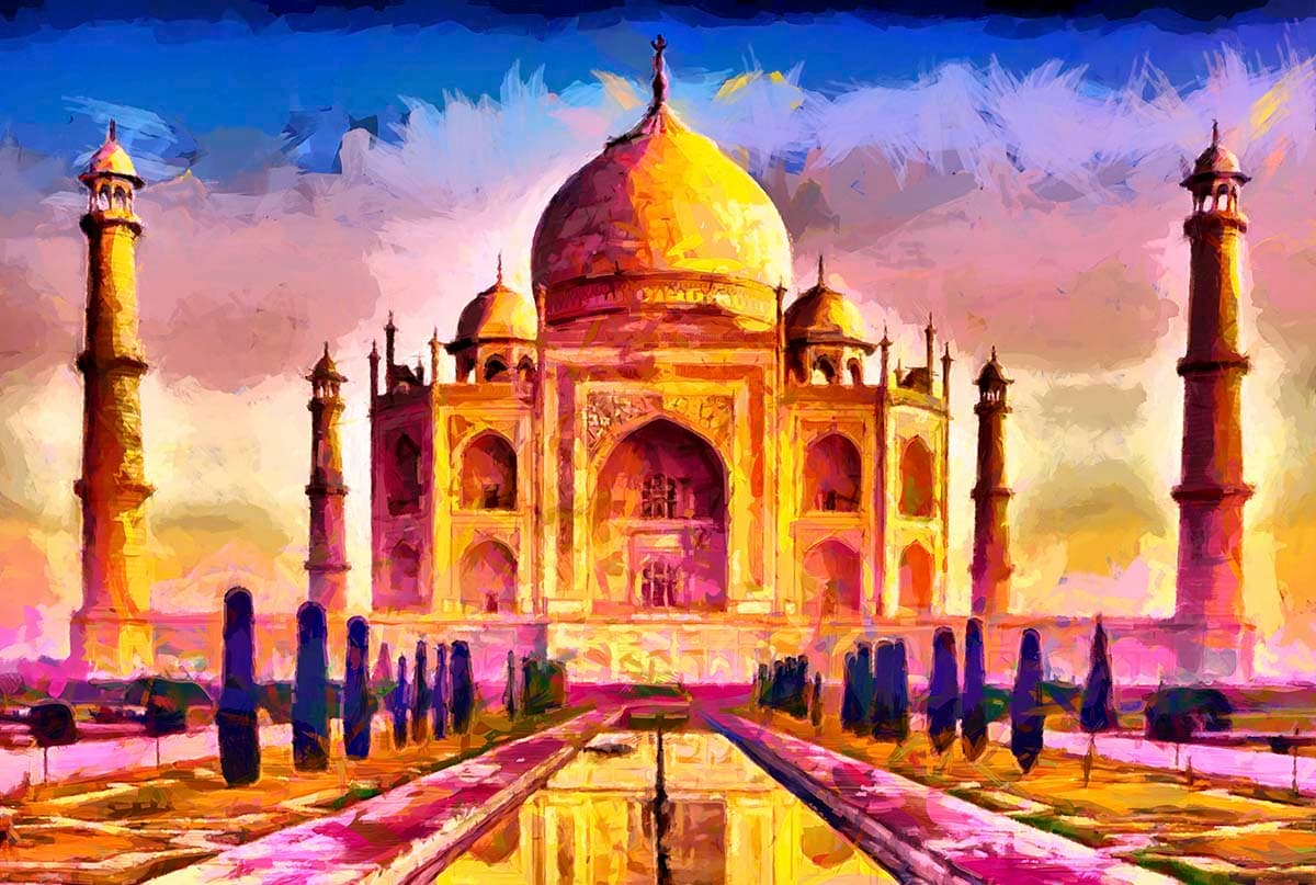 Modern Elegant Watercolor Taj Mahal Scene Wallpaper pattern detail
