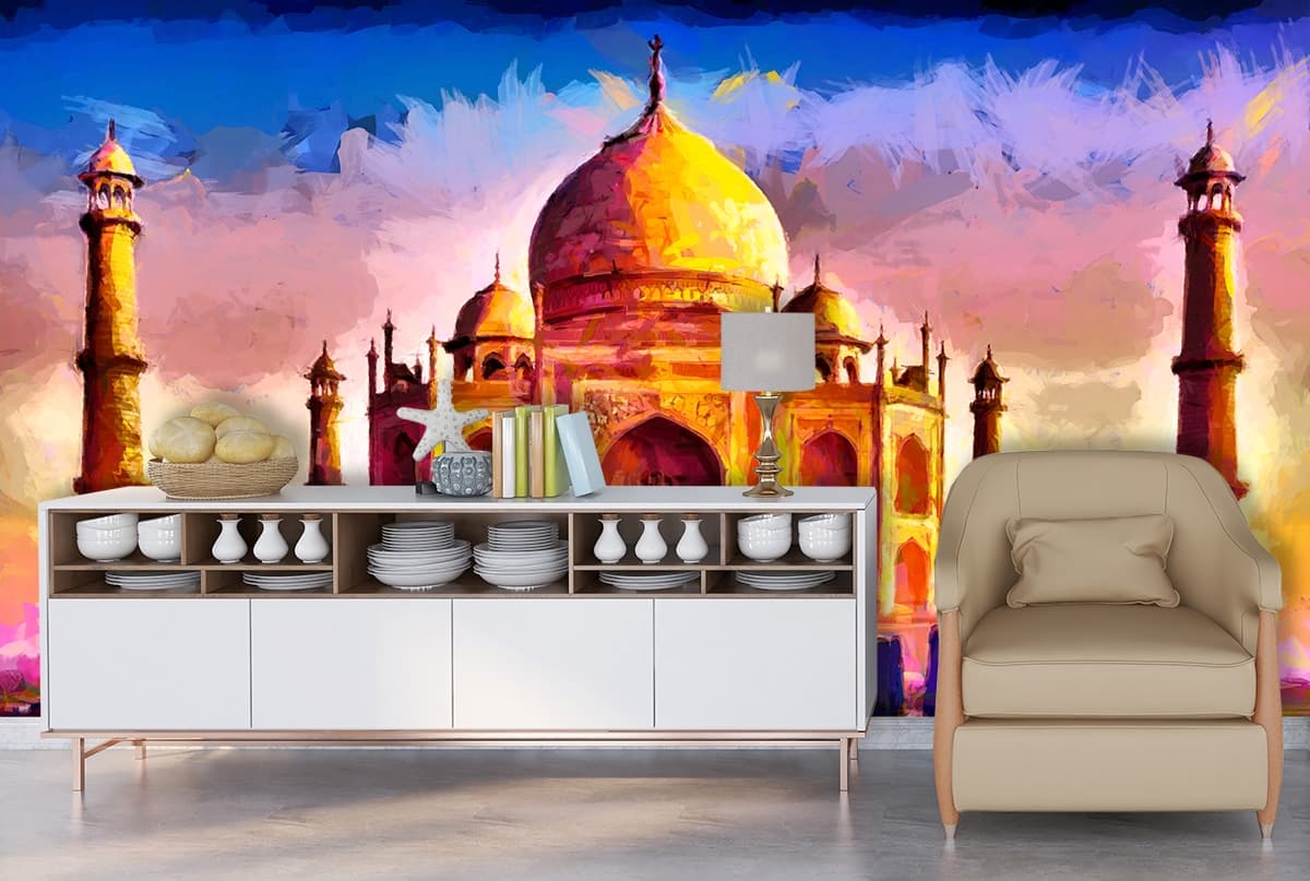 Modern Elegant Watercolor Taj Mahal Scene Wallpaper shown in a room