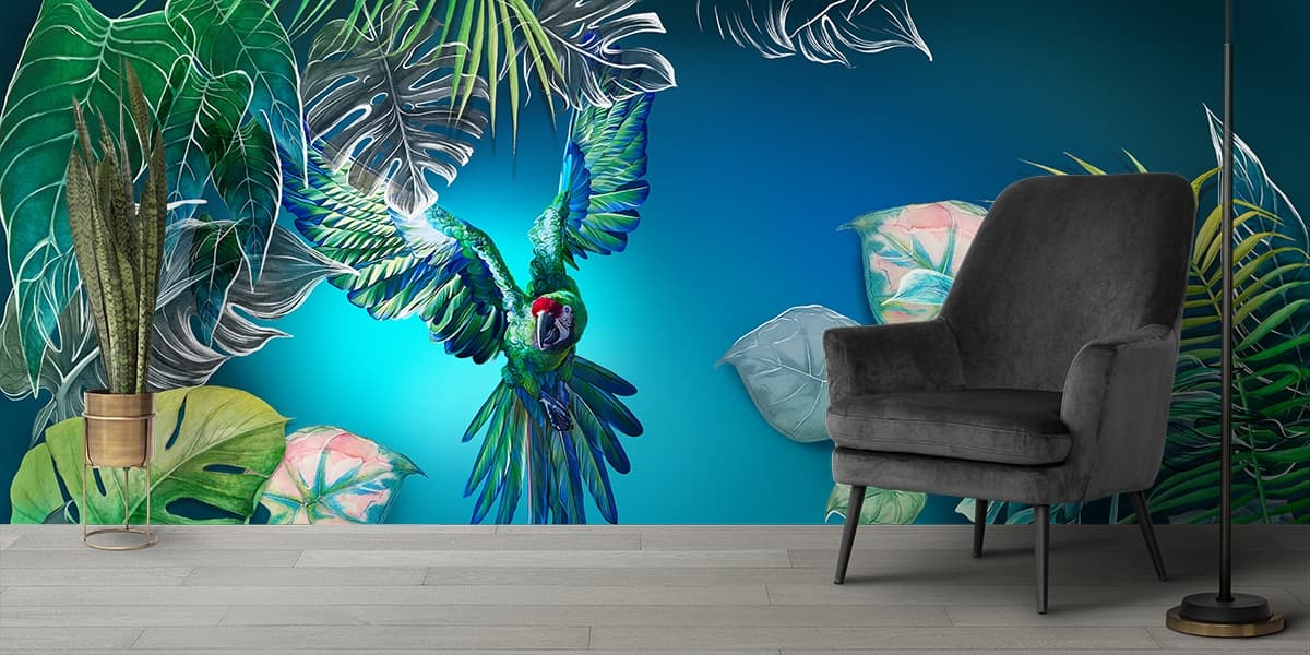 A bird flying in the air shown in a room