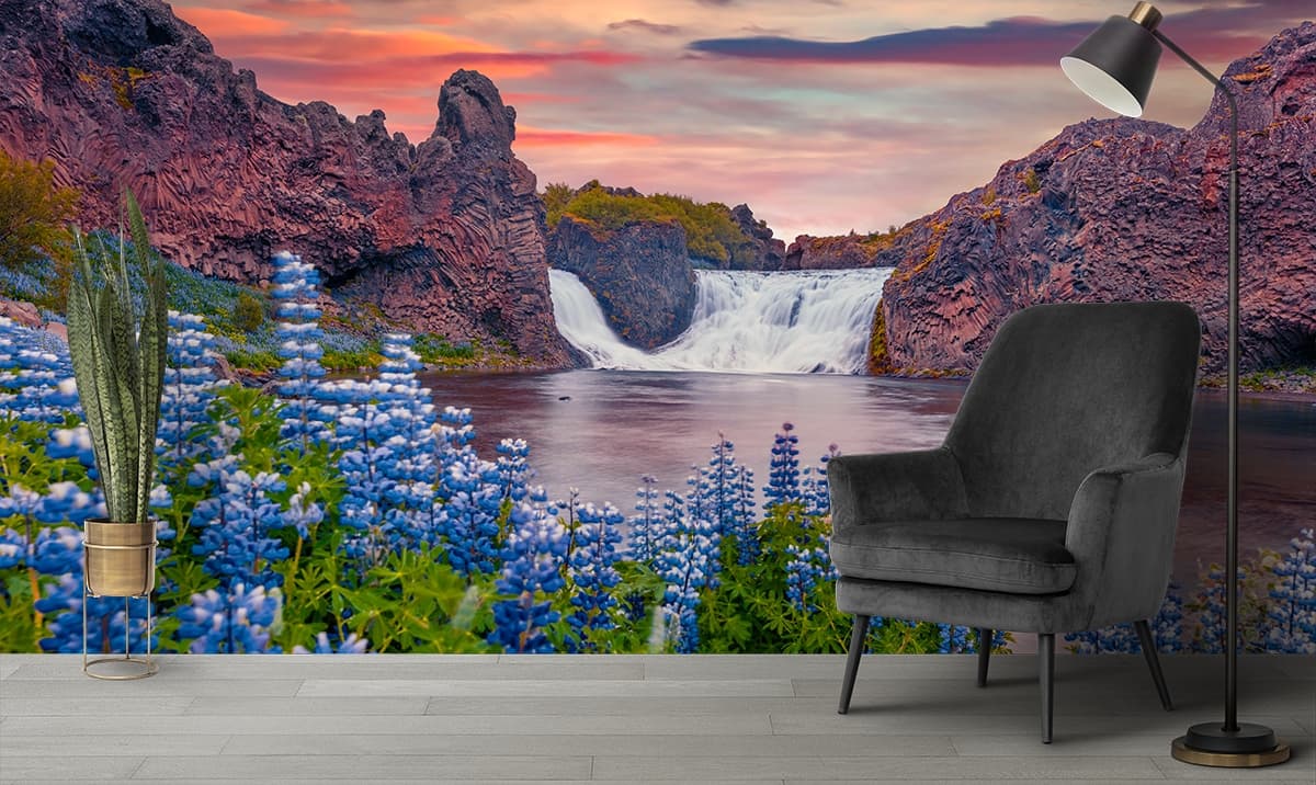 Natural Rock Formation with Flowing Water Design Wallpaper shown in a room