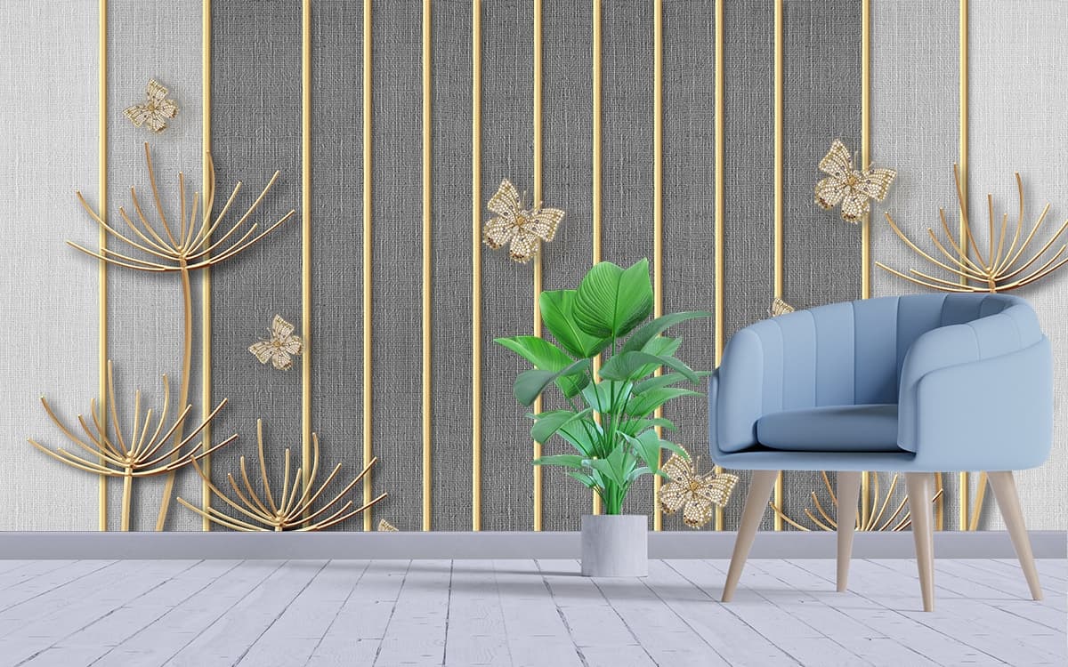 Artistic Grey Botanical Butterfly Scene wallpaper shown in a room
