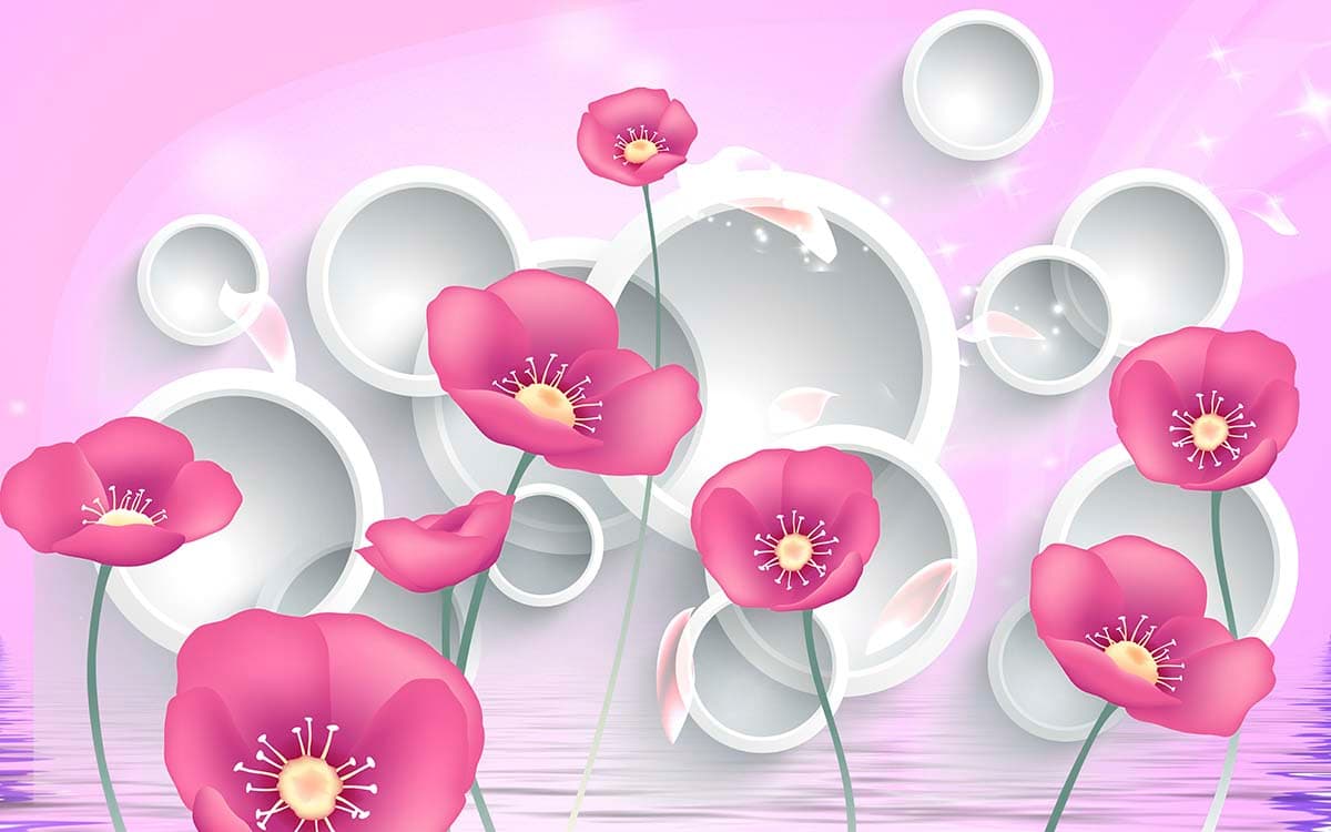 A pink flowers and white circles pattern detail