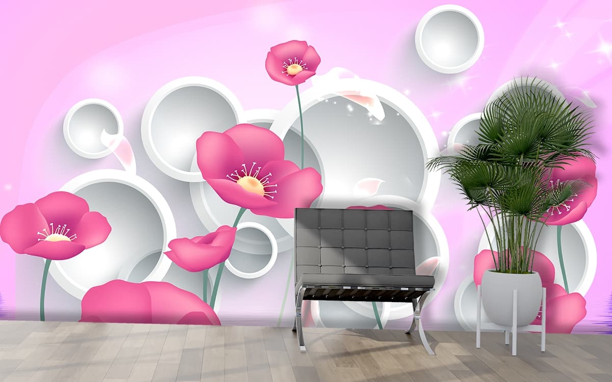 A pink flowers and white circles shown in a room