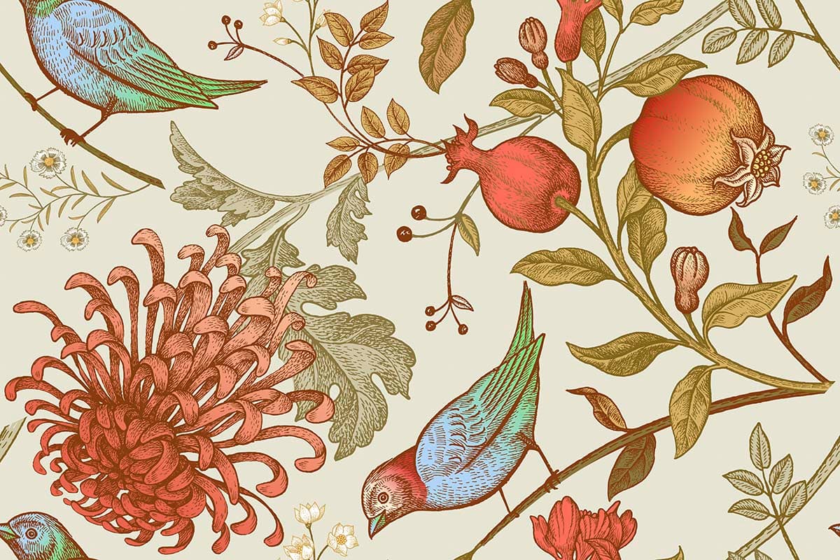 Graceful bird resting on blooming branch art style wallpaper pattern detail
