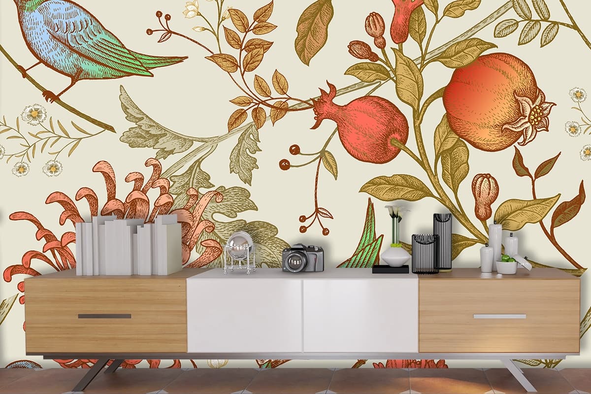 Graceful bird resting on blooming branch art style wallpaper shown in a room
