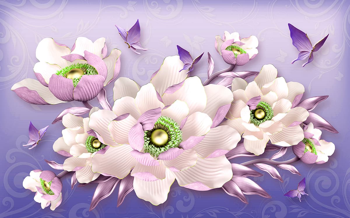 A 3D Wallpaper of Flowers with Lavender Background pattern detail