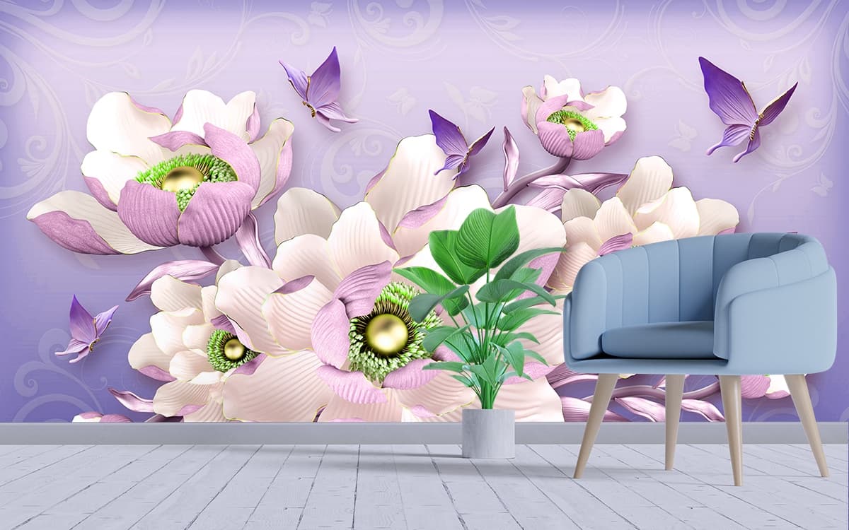 A 3D Wallpaper of Flowers with Lavender Background shown in a room