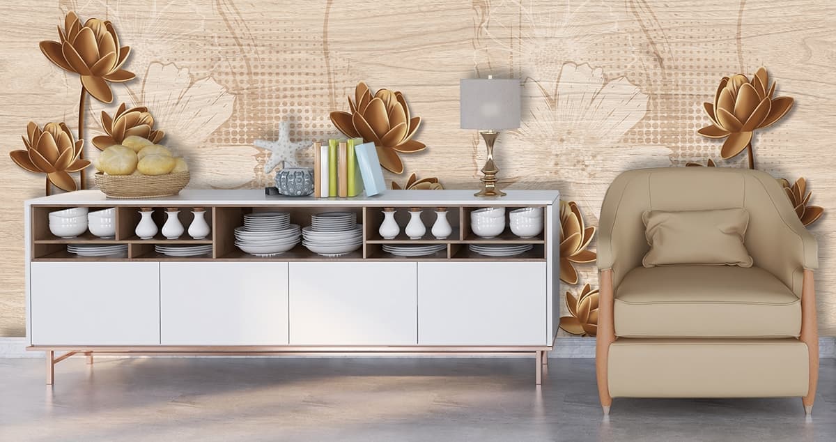 Elegant Brown Lotus Floral Pattern Home Wallpaper shown in a room