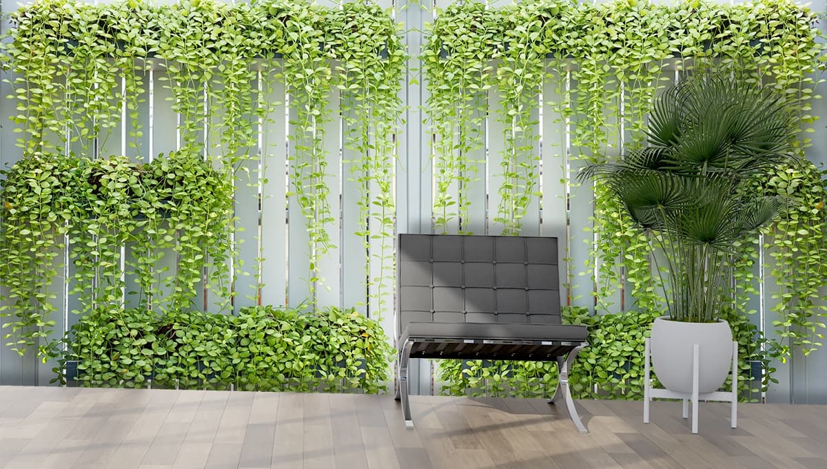 Indoor Vertical Green Wall with Hanging Plants Wallpaper shown in a room