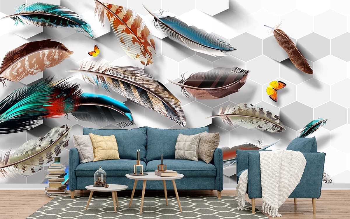 Beautiful 3D Bird Feathers for a Luxury Feature Wallpaper shown in a room